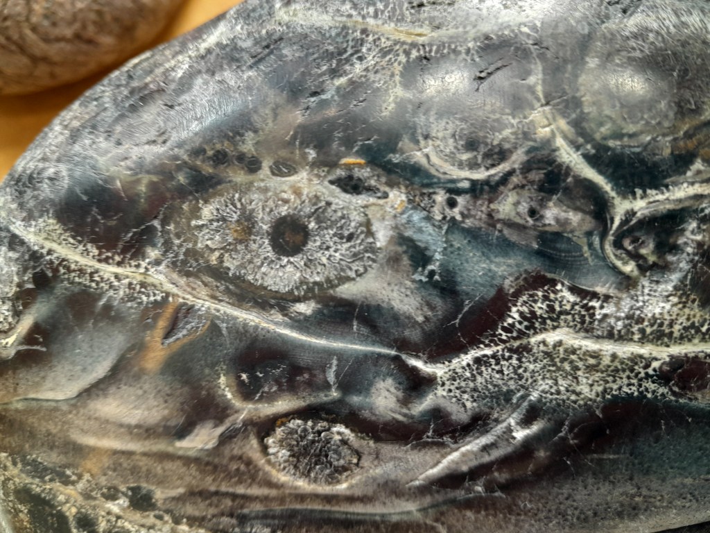 Close-up view of a polished stone surface displaying unique patterns and textures with shades of black, gray, and hints of white.